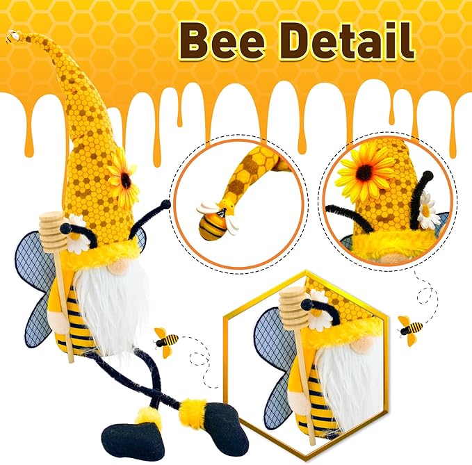 Lovinland Spring Decorations for Home - Honey Bumble Bee Sunflower Plush Stuffed Gnomes Doll - Summer Gnome Gifts for Women - Bee Decor Indoor