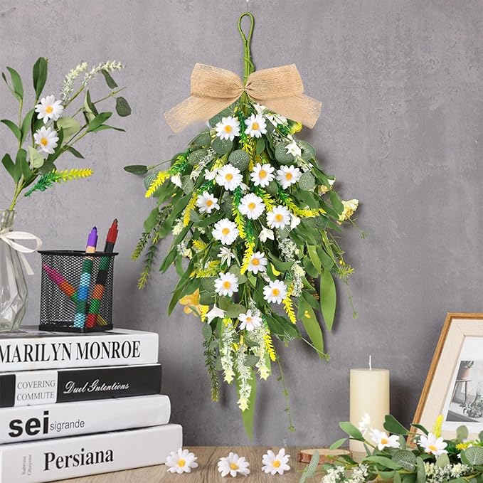 4 Pcs 24" Artificial White Daisy Teardrop Wreath Swag Spring Summer White Floral Hanging Swags Wreath for Kitchen Cabinet Doors Window Wall Wedding Party Home Decor