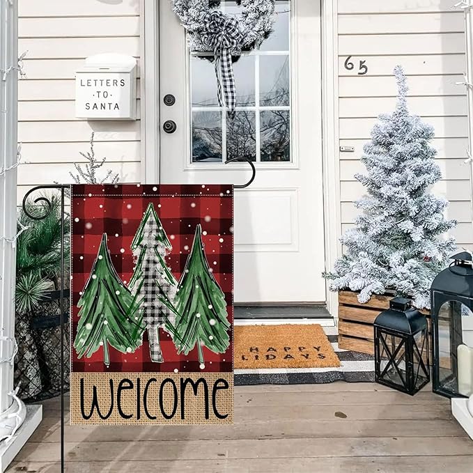 Welcome Red Buffalo Plaid Christmas Trees Garden Flag 12 x 18 Inch Vertical Double Sided Buffalo Plaid Red Holiday Yard Outside Xmas Decor