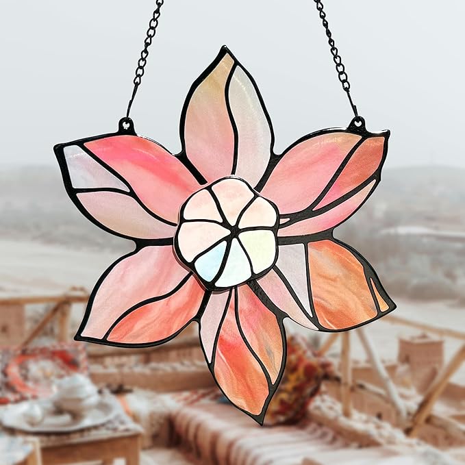 DASTOLL Stained Glass Window Hanging - Pink Flowers Suncatchers for Windows Hanging Floral Sun Catcher for Plant Lovers Anniversary Love Gift