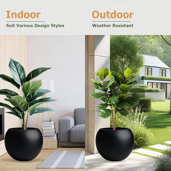KUTE NEST 16" H x 20" D Globo Fiberstone Round Planter with Drainage Hole, Smooth Finishes, Weather Resistant for Indoor and Outdoor Use, Included 2 Extra Coco Mats (Black, 13.5" Pot Opening)