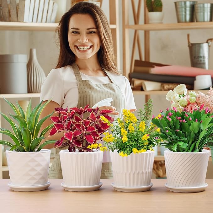 sietpoek Plant Pots - 5.5 Inch Cylinder Ceramic Planters with Connected Saucer, Pots for Succuelnt and Little Snake Plants, Set of 4, White