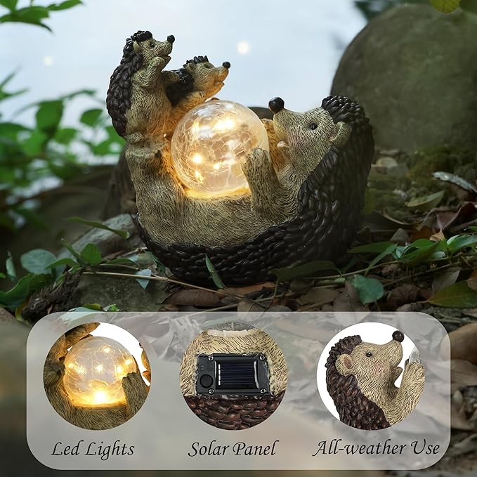 SOFFEE GARDEN Solar Hedgehog Statue with Ball Lamp, 9x5x9 Inch Outdoor Garden Decor, Cute Resin Animal Figurine for Yard Pathway & Patio Lighting
