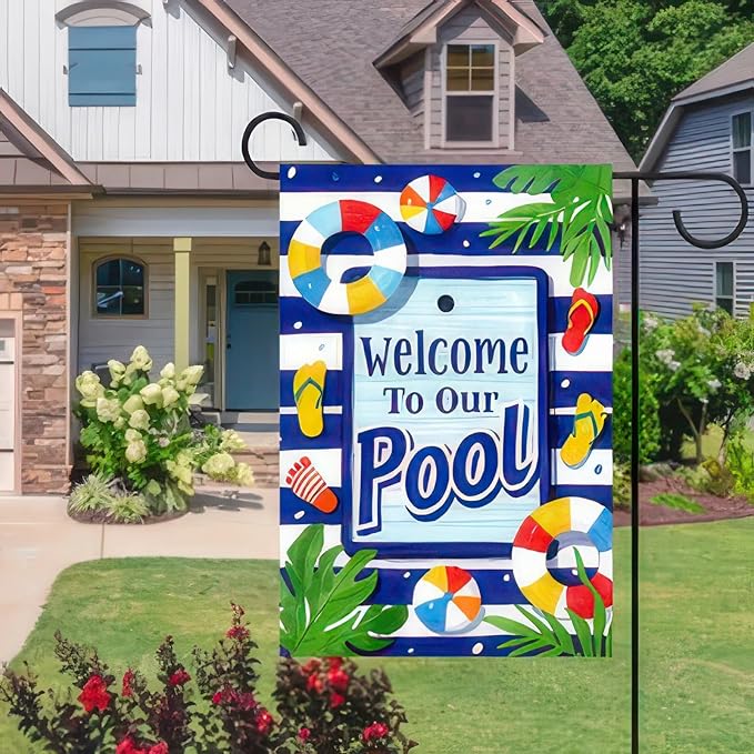 Welcome To Our Pool Garden Flag12x18 Inch Double Sided Summer Beach Bar Pub Porch Patio Deck Backyard Poolside Decor Outside Holiday Party Seasonal Farmhouse Banner Outdoor Decor