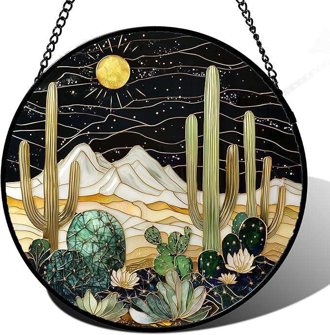 DASTOLL Stained Glass Window Hanging, Black and White Golden Cactus Nature Suncatcher for Doors Window Home Starry Sky Sun Catchers Decor Mother's Day Birthday Gifts for Women, Men Mom 11.8 in