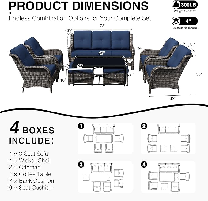 Joyside 8 Piece Wicker Patio Furniture Set, Rattan Patio Chairs with High Back, Deep Seating, Wide Armrest, Thickened Cushions, Outdoor Furniture for Deck, Porch Use