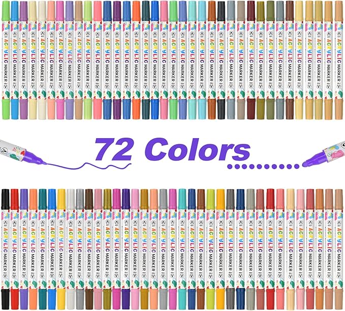 KEMYR 72 Colors Acrylic Paint Pens, Dual Tip Acrylic Paint Markers for Paper, Wood, Canvas, Stone, Rock Painting, Glass, Fabric, DIY, Ceramic, Art Supplies for Adults Drawing (Dot + Fine)