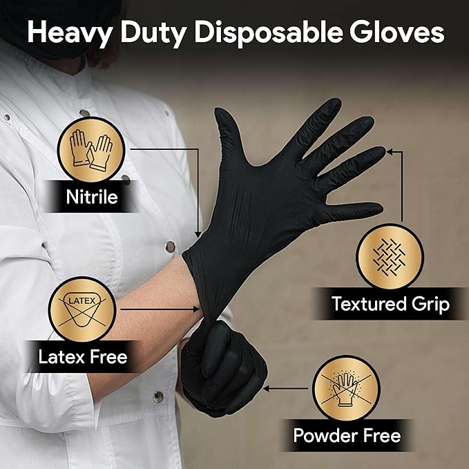 FifthPulse 6 Mil Black Nitrile Gloves, Heavy Duty Mechanic and Food Grade Glove - Powder-Free, Latex-Free Medical Exam Gloves