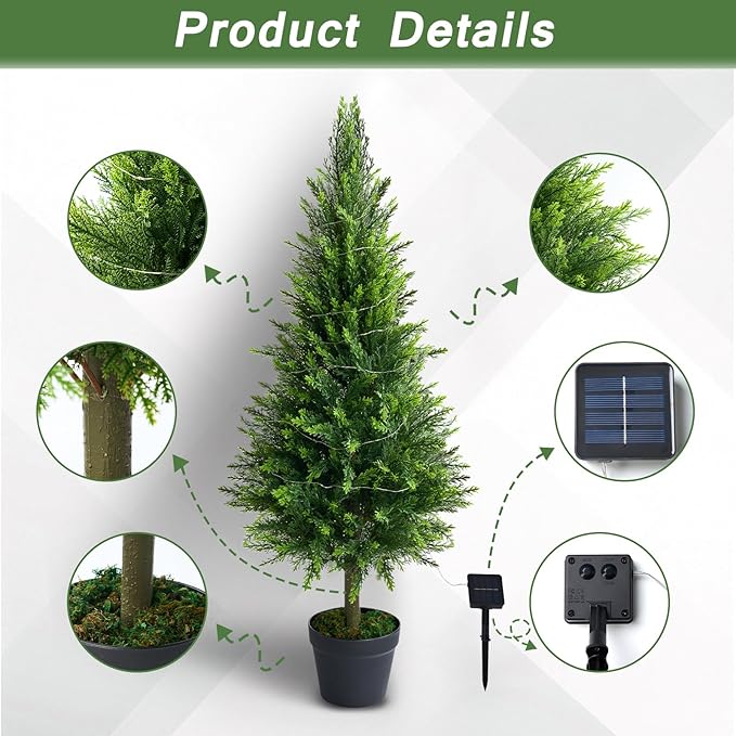 2 Packs of Fake Cypress Plants with Lights, 4FT Artificial Cedar Pruning Tree, with Flowerpot, UV Resistant Artificial shrubs, Suitable for Outdoor and Indoor Front Porch Gardens
