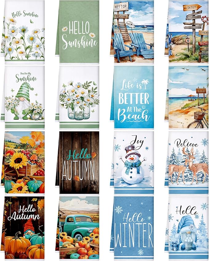 Bencailor 16 Pcs Winter Kitchen Towels Seasonal Holiday Hand Dish Towels Winter Snowman Gnome Soft Absorbent Vintage Tea Dishcloths for Spring Kitchen Bathroom Home Decor Gifts 16 x 24 Inch