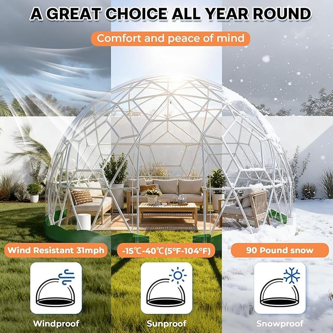 Garden Dome 9.5 * 5.7FT, 360° View Geodesic Dome Greenhouse with PVC Clear Cover, Waterproof Garden Bubble Dome Tent House with 2 x 10M Light Strings for Outdoor, Green