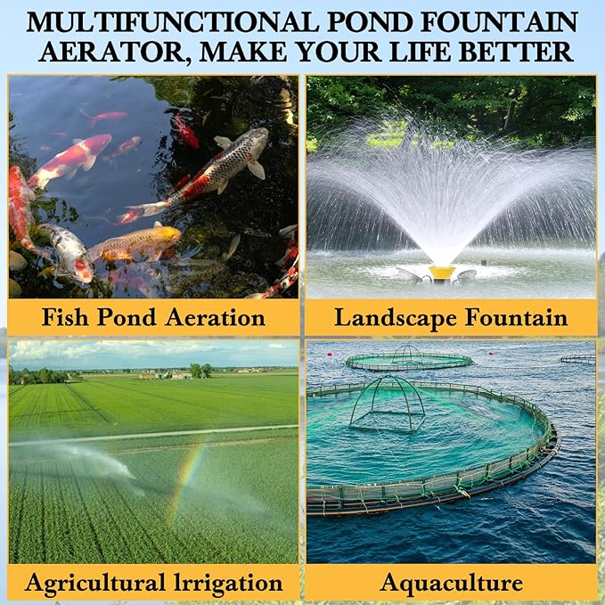 Pond Fountain Aerator with Lights Burnvale BU-F5, 2 RGB LED 1HP 15000 GPH Floating Aerating Fountain with Timer, 100FT Power Cord and Rope Aerator Water Pump, for Large Outdoor Ponds Lakes and Pool