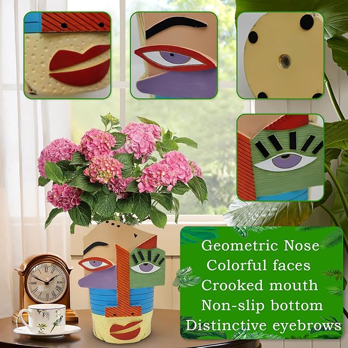Midogaigai Abstract Face Planters Pots Head,Unique Head Planter for Indoor Plants,Funny Face Flower Pot,Colorful Plant Pots for Outdoor Garden Decor and Home Art Decoration(Eclectic)