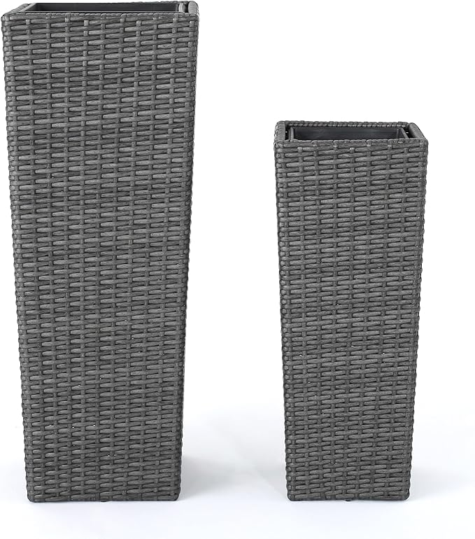 32"H Outdoor Rattan Flower Pots Set of 2,Patio Wicker All-Weather Planter Set,Rattan Plant Pots with Iron Frame for Herb Garden,or Indoor Decor,Large & Small Sizes, No Assembly Required Gray