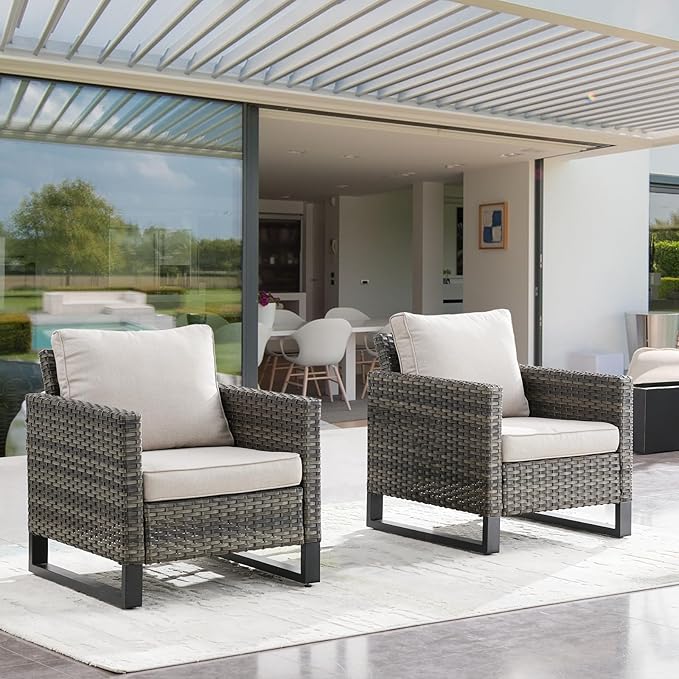 Rilyson Wicker Outdoor Patio Chairs Set of 2-2 Piece Rattan Chairs with Waterproof Wicker,Comfortable Cushions and Sturdy Metal Frame for Outside Porch Deck Backyard(Mixed Grey/Beige)