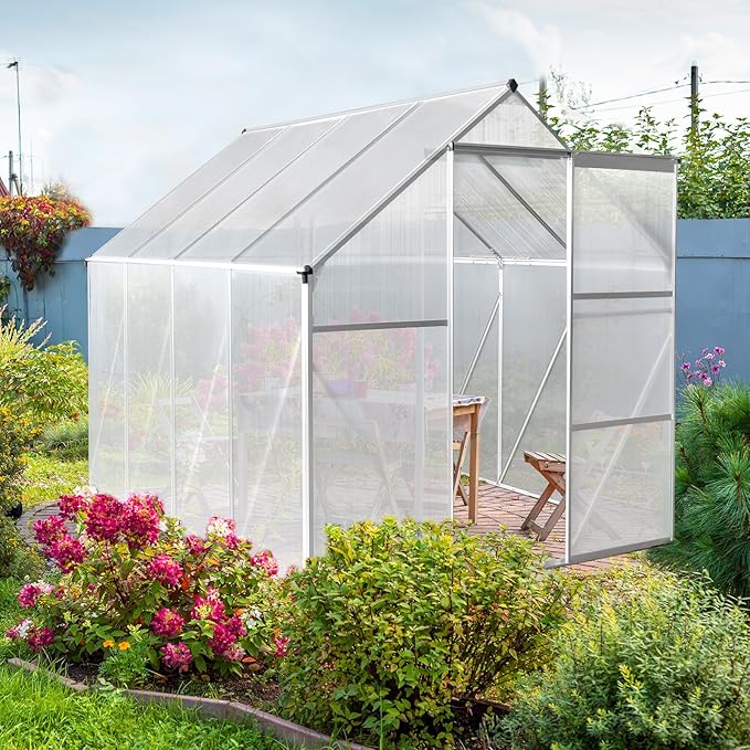 Greenhouse for Outdoors, 6x8 FT Heavy Duty Polycarbonate Greenhouse with 5 Roof Vents, Aluminum Large Walk-in Greenhouse for Outside Garden Backyard, Easy Setup, Silver