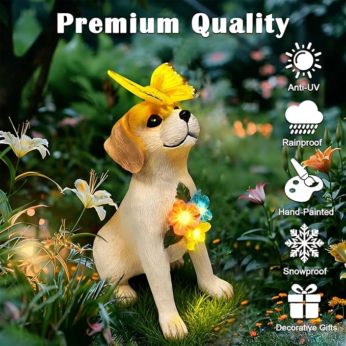 Solar Dog Garden Statues Decor, Outdoor Fairy Dogs Figurines Accessories Decorations with LED Lights Home Patio Balcony Yard Lawn Ornaments, Unique Thanksgiving for Women Dad Friends