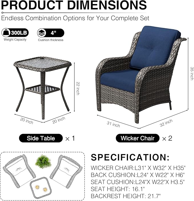 Joyside 3 Piece Wicker Patio Furniture Set, Rattan Patio Chairs with High Back, Deep Seating, Wide Armrest, Thickened Cushions, Outdoor Furniture for Deck, Porch Use