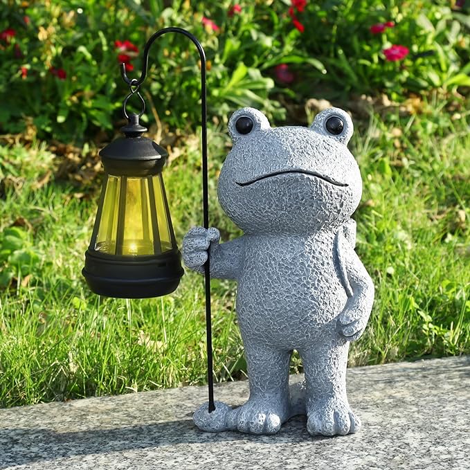 PAETAE Garden Statue Frog Outdoor Decor, Solar Patio Garden Sculptures & Statues, Resin Decor Gift for Women, Mom, Grandma, Stone
