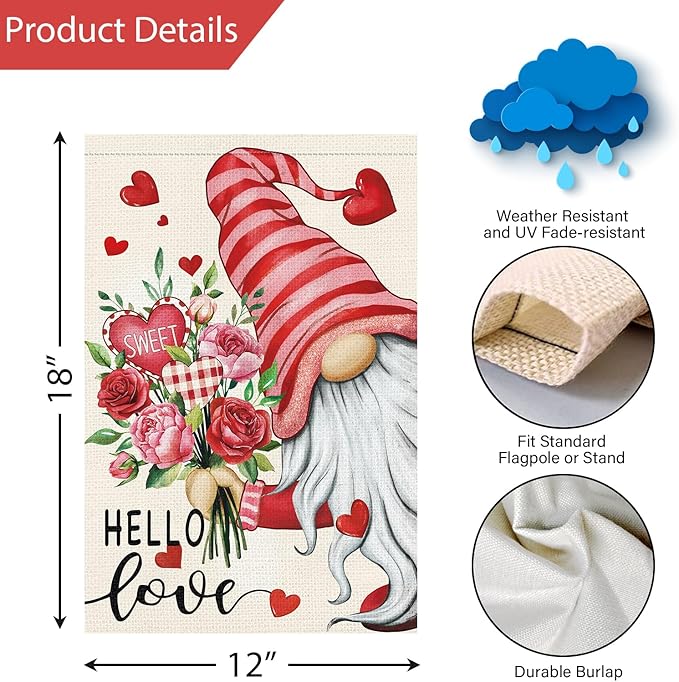 Louise Maelys Hello Love Valentine's Day Garden Flag Gnome Floral Heart 12x18 Inch Double Sided Welcome Small Burlap Spring Holiday Yard Outdoor Home Decor