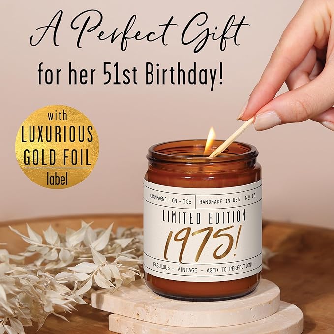 51st Birthday Gifts for Women - 'Limited Edition 1975' Soy Candle, w/Champagne on Ice I 51st Birthday Gift for Her Ideas I 9oz Reusable Jar, 50Hr Burn, Made in USA