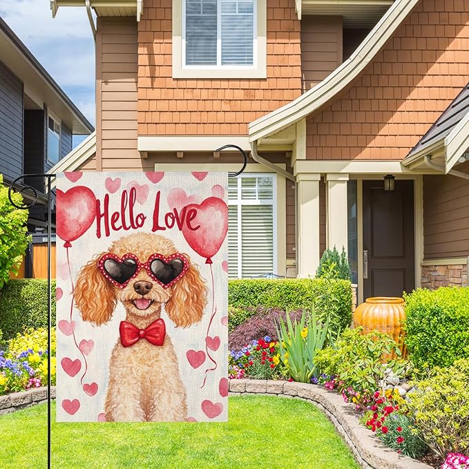 Valentine's Day Poodle Hello Love Garden Flag, House Yard Plaid Love Heart Outside Decoration, Spring Holiday Wedding Anniversary Outdoor Small Decor 12x18(12634)