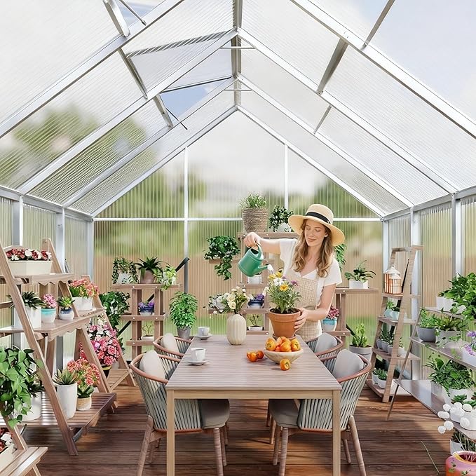 8x10 Ft Sturdy Greenhouse with Roof Vent, Polycarbonate Greenhouse with Lockable Door, Aluminum Large Walk-in Green House for Outside Garden Backyard, Patio, Lawn, and Garden