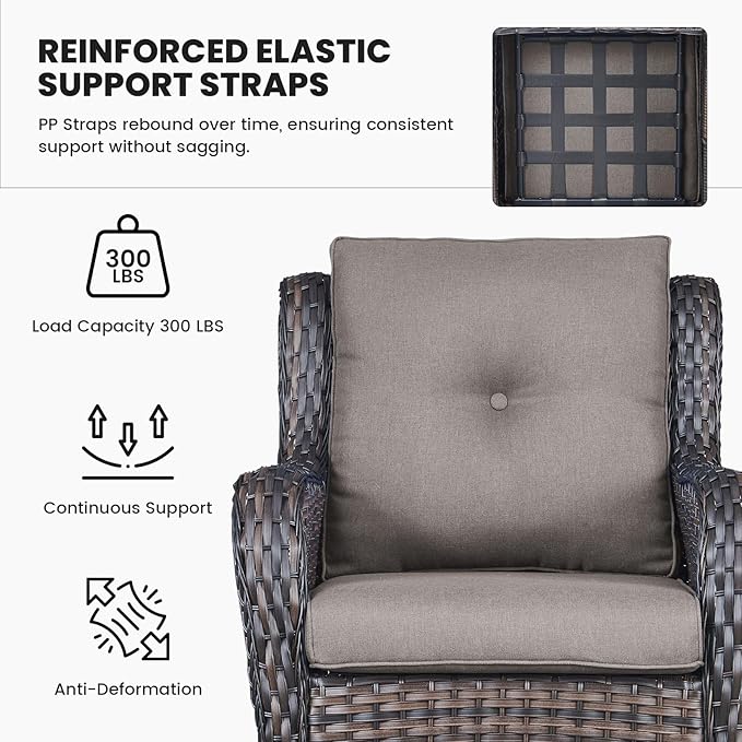 Belord High Back Patio Chairs Set of 2 - Brown Wicker Chairs Outdoor Seating, 4" Wide Armrests Rattan Outdoor Club Chair with Grey Removable Cushion for Deck Porch Backyard