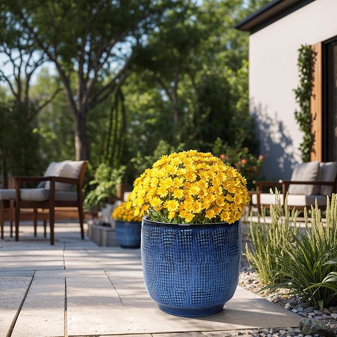 LuxenHome 12" Dia Round Ceramic Plant Pots, Modern Blue Glazed Large Planters Pot for Outdoor Plants with Drainage Hole and Rubber Plug, Decorative Indoor Flower Pots for Home Garden Patio