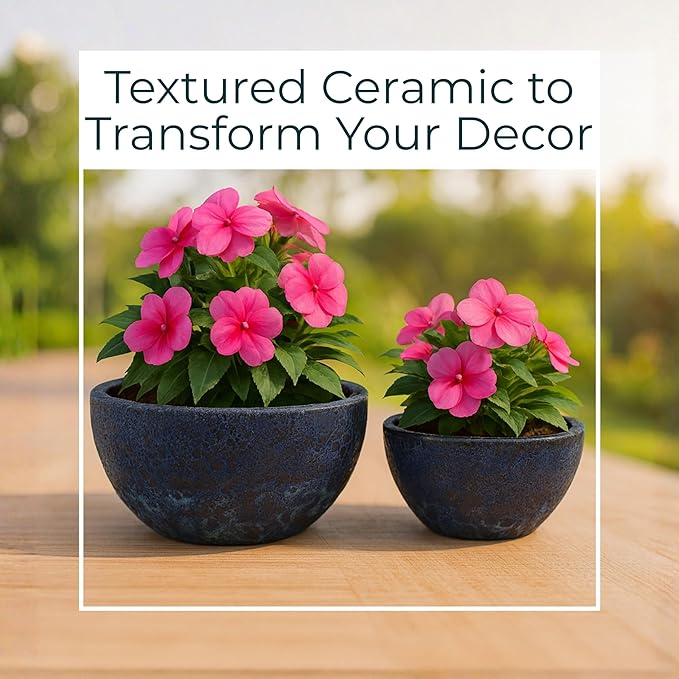 Set of 2 Ceramic & Clay Planter Pots with Stands – Textured Indoor Outdoor Plant Holders, Modern Rustic Decorative Pot Stands for Living Room, Entryway, Bedroom or Patio – 6" & 5", Deep Blue