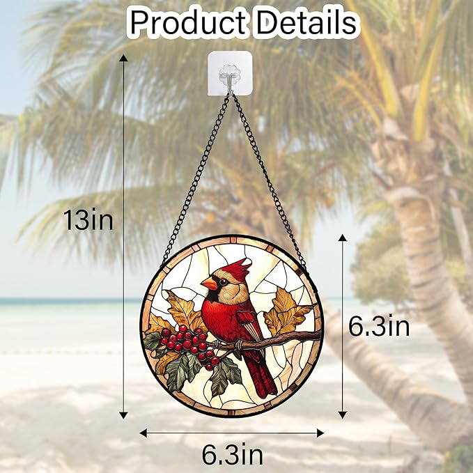 DASTOLL Stained Glass Window Hanging, Birds on a Branch Cardinal Sun Catchers Diamond Glass Panel Hangings Suncatcher Decor for Birthday for Women, Men, Wife, Aunt, and Mom 6.3 in