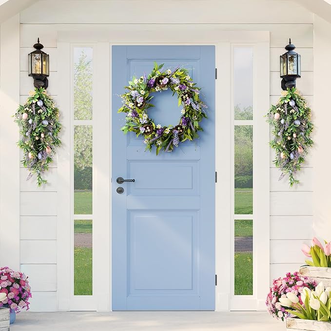 Glitzhome Easter Teardrop Wreath 28" Spring Easter Egg & Lavender Wreath Artificial Teardrop Swag for Front Door Porch Wall Decor