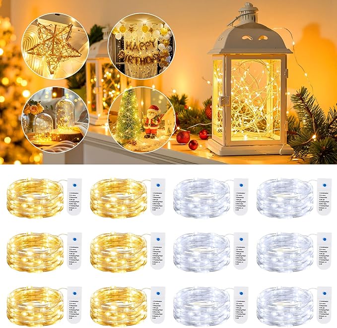 Minetom 12 Pack Fairy Lights Battery Operated String Lights 8 Modes, 7ft 20LED Waterproof Silver Wire Twinkle Lights, Firefly Starry Moon Lights for Mason Jars DIY Christmas Wedding Party