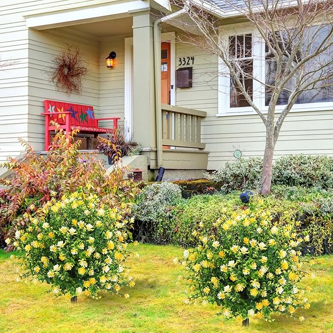 Suncalla Set of 2 Artificial Camellia Topiary Ball Tree Fake Bushes Shrubs Outdoor Faux Plant with Ground Spike 26 x 18 Inch Flowers UV Resistance Greenery for Front Porch Garden Patio Indoor