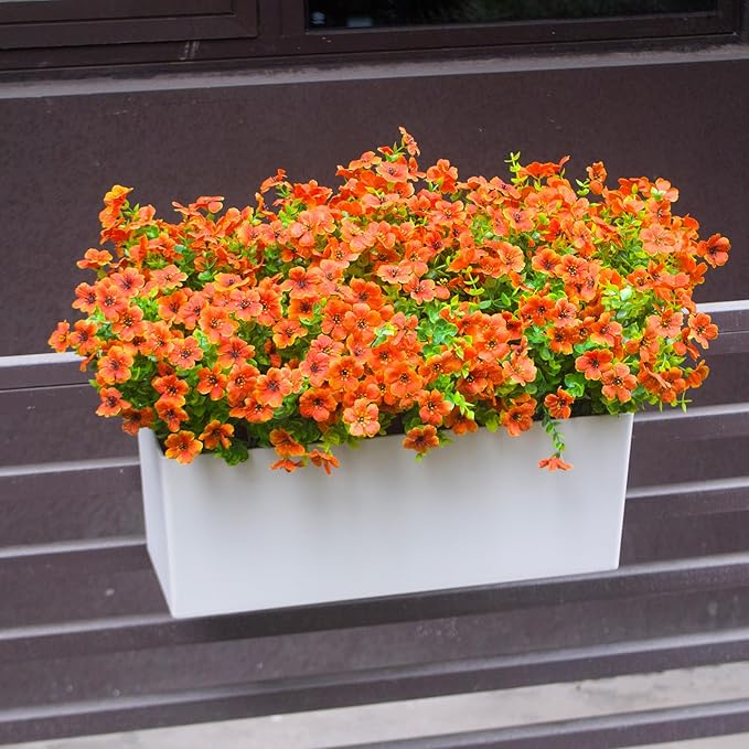 HIFORESTAR Fake Mums Artificial Outdoor Flowers 12 Bundles Autumn Fall Plants Daisy Faux Orange Blooms for Front Porch Window Box Patio Table Centerpieces Decor(Orange Daisy)