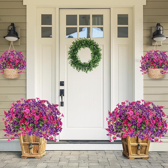 Artificial Flowers for Outdoors 12 Bundles Realistic Faux Plants UV Resistant Fake Silk Morning Glory with Eucalyptus for Front Door Planter Patio Porch Spring Summer Decoration (2 Mixed Color)