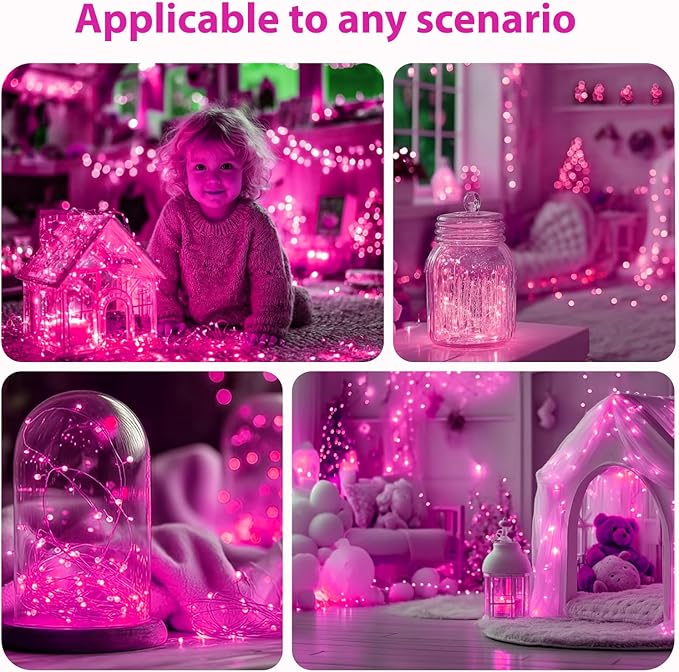 HXWEIYE Rechargeable Fairy Lights with Remote & DIY Timer, 33ft 100LED Battery Operated Twinkle String Lights, 8 Modes Decor Light for Bedroom Indoor Wedding Dorm Christmas Tree Party (Pink)