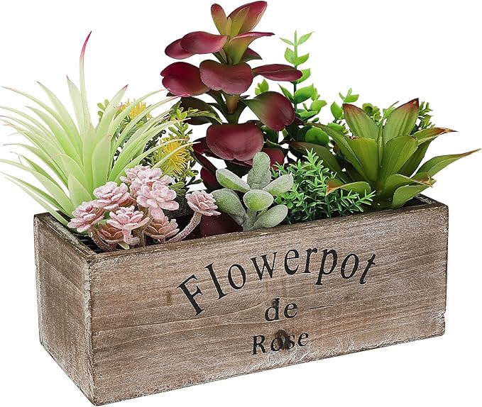 Hopewood Artificial Succulent Plants Arrangement in Wooden Planter, Fake Succulents Plants in Rustic Wood Box, Faux Succulent in Rectangular Pot, Centerpiece, Home Office Shelf Indoor Decor Plants