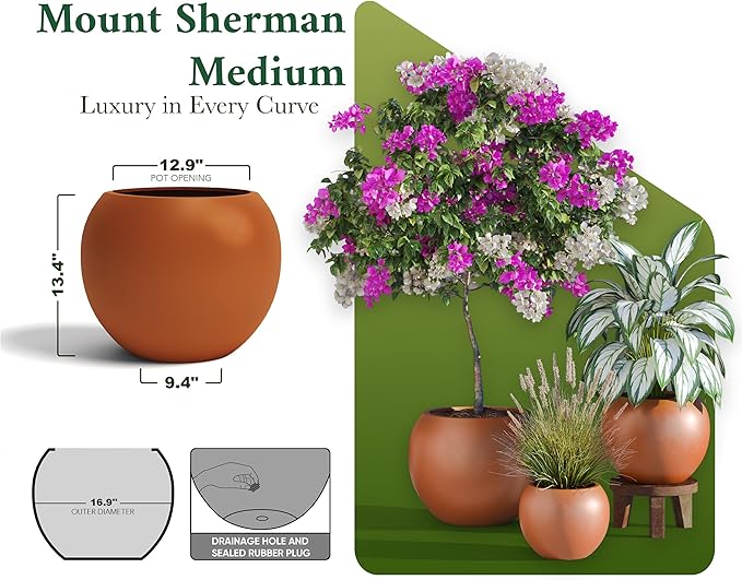 DTY Signature Mount Sherman Modern Indoor Outdoor Fiberstone Sphere Planter, Durable Round Garden Pot, Weather Resistant, Drainage Hole & Rubber Plug - Medium, Terracotta