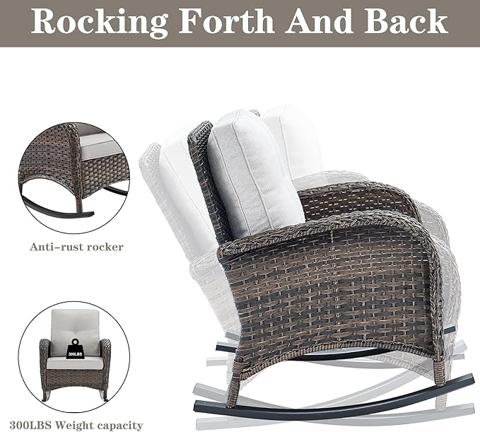 Belord 6 Pieces Outdoor Patio Furniture Set with Wicker Rocking Chairs, Rattan Patio Conversation Set with Glider Loveseat Ottomans and Side Table Brown/Beige