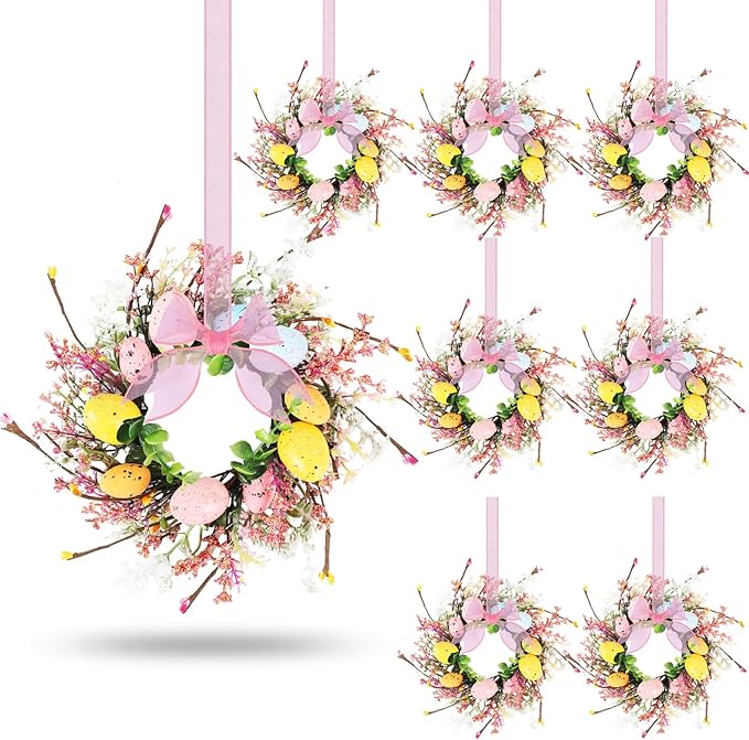 8 Pcs Easter Egg Candle Rings Wreaths Mini Artificial Spring Easter Egg Berry Wreath for Front Door Hanging Kitchen Cabinet Wreath with Ribbon for Porch Wall Window Farmhouse Decor