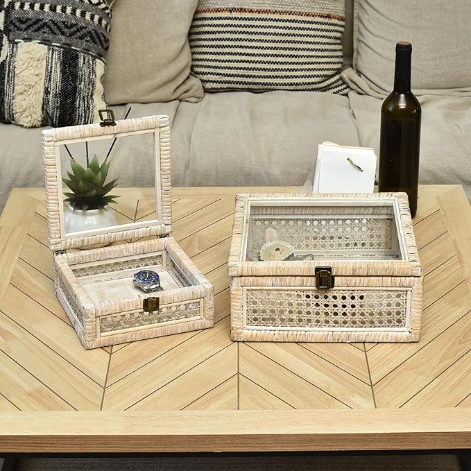 Rattan and Cane Square Stacking Boxes with Glass Top Lid - Set of 2 for Boho, and Rustic Farmhouse Décor, White Wash