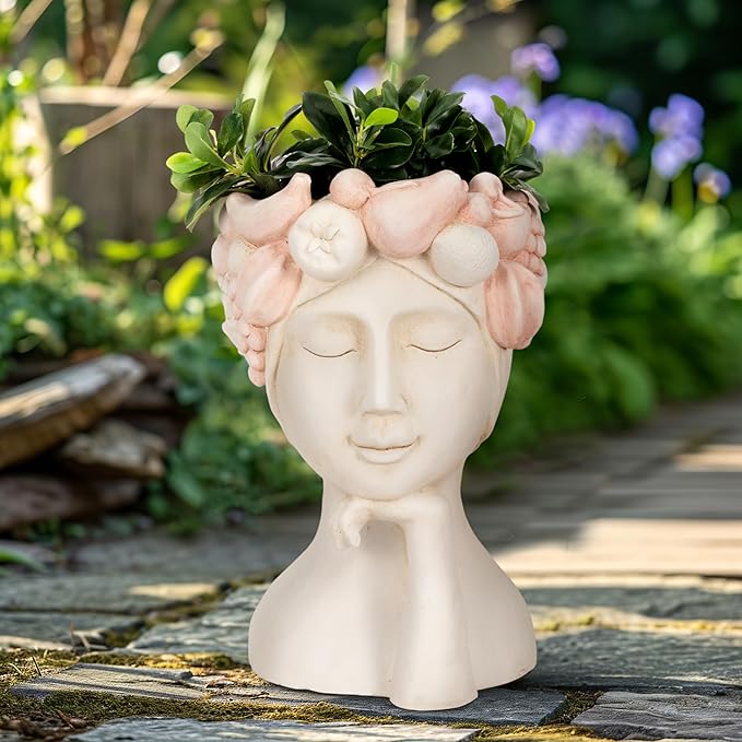 Resin Planter Pots – Decorative Planters for Plants, Indoor Living Room or Covered Patio Placement, Art Face Design Flower Pots for Sculptural Floral Home Decor – 18", White/Pink