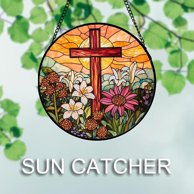 JOSUMALY Christian Gifts for Women - Cross Stained Glass Window Hanging Easter Flower Sunset Landscape Sun Catcher Garden Religion Decor Mother's Day Catholic Gift for Men Grandma Mom Her Nana 15"