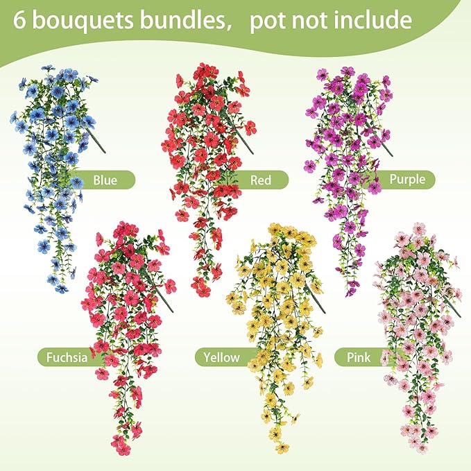 Playieer Artificial Hanging Flowers for Outdoors Faux Plants for Spring Summer Decoration,6 Bundles UV Resistant Realistic Silk Flowers Indoor Outside Garden Porch Patio Balcony Yard Farmhouse