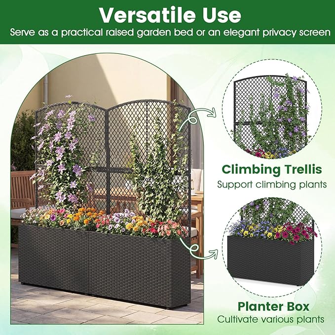 Happygrill Raised Garden Bed with Trellis, 58" Wicker Planter Box with Privacy Screen, Liner, Drainage for Patio Balcony, Outdoor PE Rattan Elevated Garden Bed for Climbing Plant Vine Flower (Black,2)