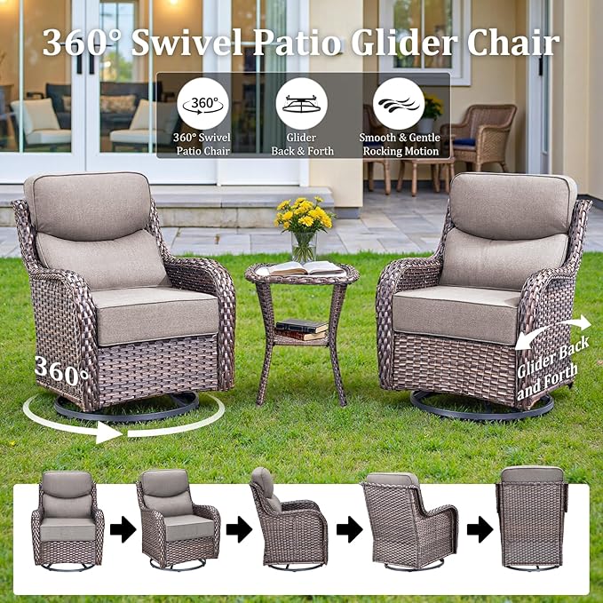 Luxury High Back Patio Furniture Set with 6-Inch Thick Cushions, 4-Pieces Outdoor Furniture with Swivel Chairs, Wicker Conversation Set for Porch, Balcony, Deck and Yard, Brown/Grey
