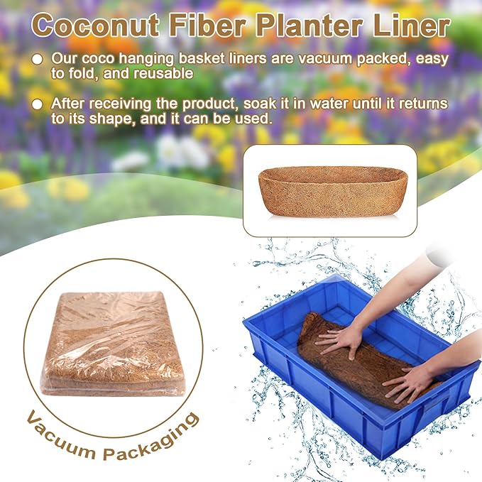Coconut Fiber Planter Liner, 3PCS 30 Inch Natural Coco Liners for Deck Hanging Planter Window Box Liners Half Moon Shape Replacement for Flower Pots Horse Trough Hanging Basket Vegetables Pot
