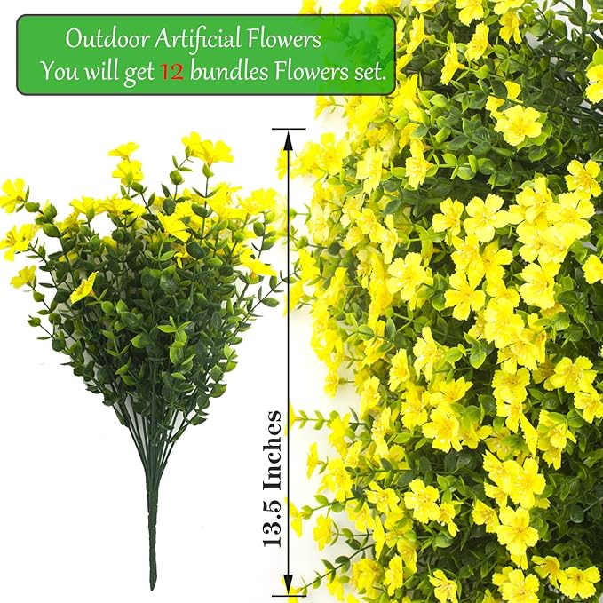Grunyia Outdoor Artificial Flowers UV Resistant & Fade Proof, 12 Pack Realistic Fake Flowers for Garden, Patio, Lawn Decor - Weatherproof Plastic Plants(Yellow)