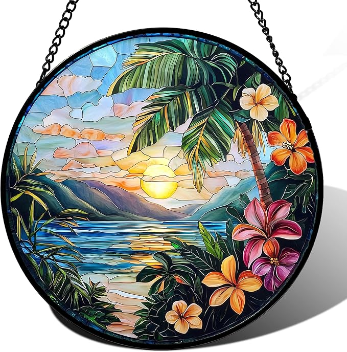 DASTOLL Stained Glass Window Hanging, Colorful Landscape Suncatcher for Doors Home Sun Catchers Decoration and Christmas, Mother's Day Birthday Gifts for Women, Men, and Mom 14.9x14.9 in